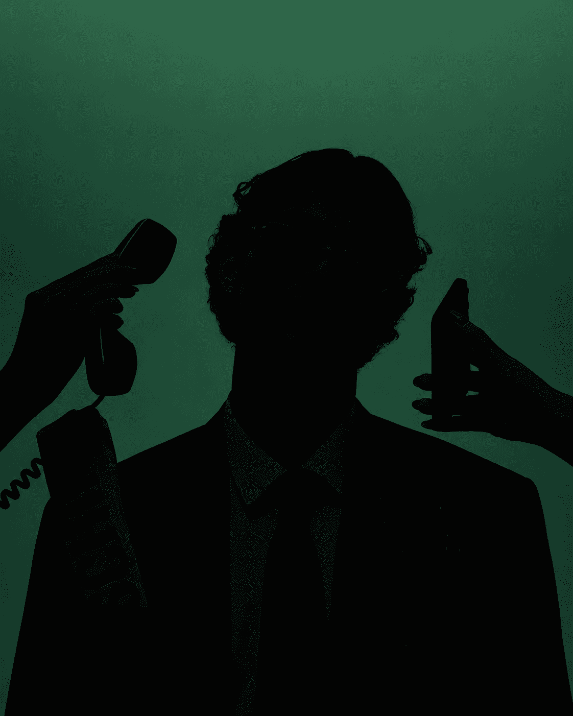 Silhouette of a man in a suit and glasses against a green backdrop, with hands offering him a landline receiver and a mobile phone from either side.