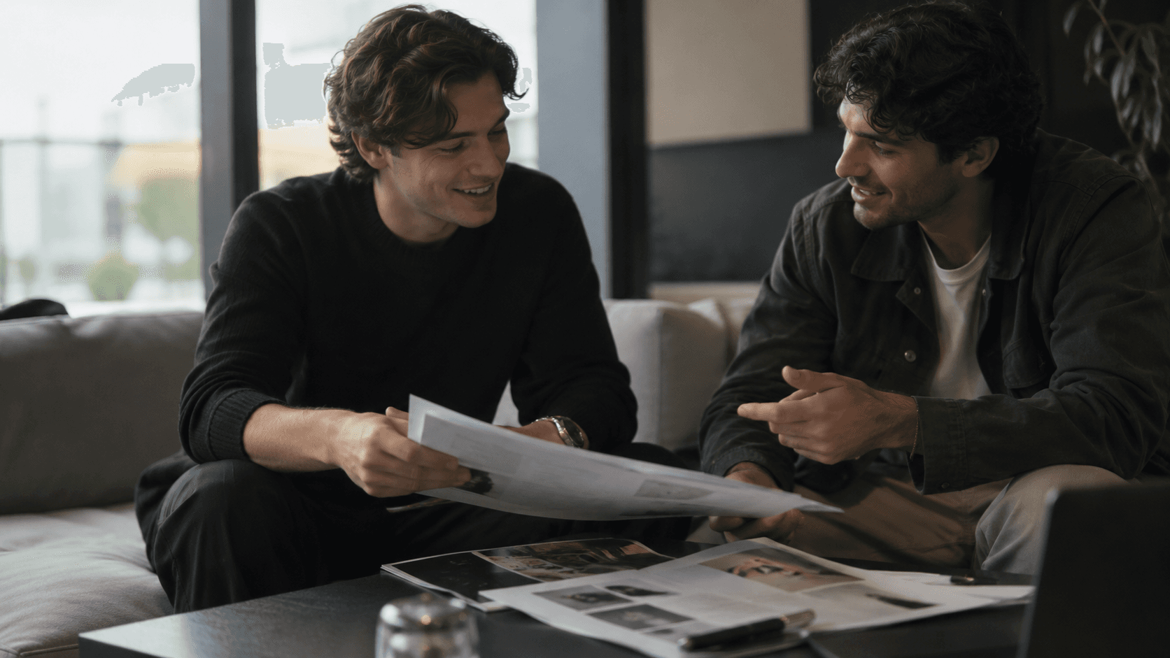 Two men on a sofa talking through printed documents spread across a coffee table.